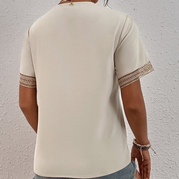 Casual Women's Contrast Guipure Lace Blouse Apricot - Picture 3 of 6